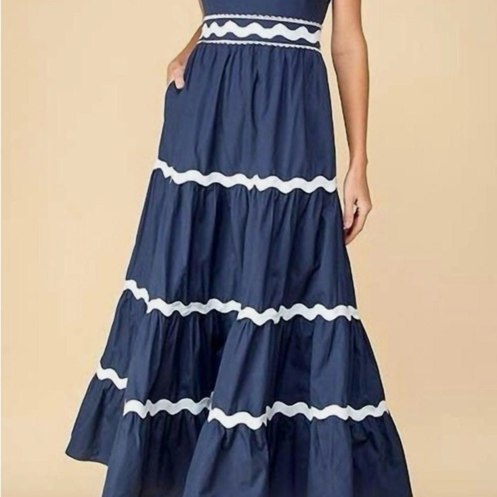 New With Tags, Tcec Ricrac Detail Midi Dress  Navy Blue Maxi Skirt size Large